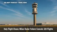 Milan radar failure halts flights, control‑tower view with clear sky.