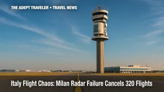 Milan radar failure halts flights, control‑tower view with clear sky.