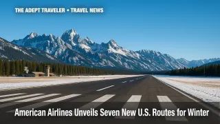 Snow-covered Sun Valley runway framed by Sawtooth Mountains illustrates American Airlines domestic expansion