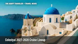 Santorini cliffside and blue domes overlooking the Aegean on a Celestyal Cruises route