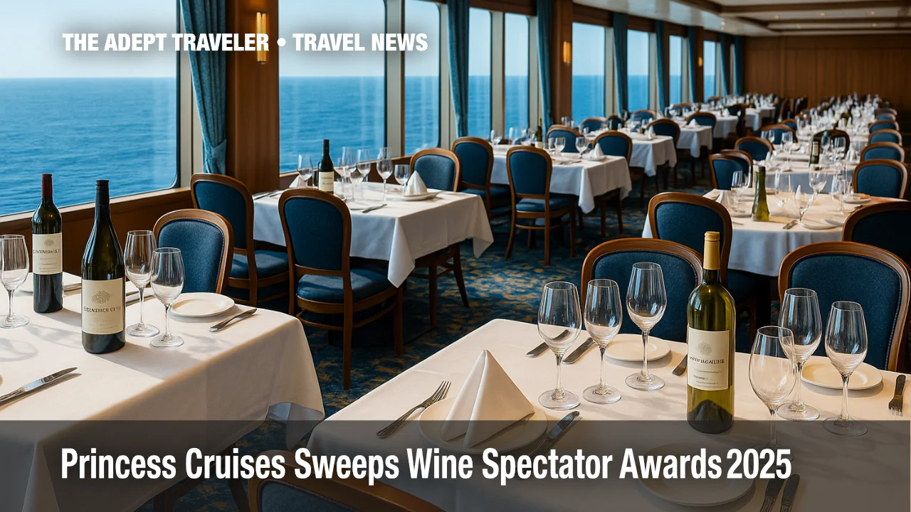 Cruise-ship dining room showcasing Princess Cruises Wine Spectator Awards 2025 program.