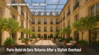 Hotel de Sers renovation, leafy courtyard beneath glass canopy, Paris luxury hotel.