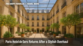 Hotel de Sers renovation, leafy courtyard beneath glass canopy, Paris luxury hotel.