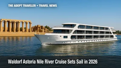 Luxury Nile cruise ship passing Luxor Temple on a sunny afternoon.