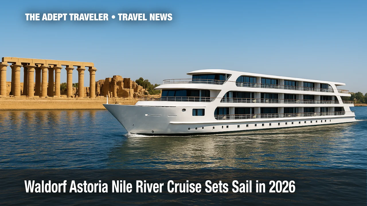 Luxury Nile cruise ship passing Luxor Temple on a sunny afternoon.