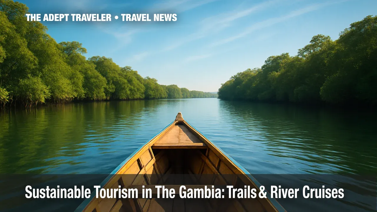 Low-angle view of a pirogue on the River Gambia highlighting sustainable tourism in The Gambia.