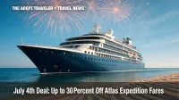 Expedition cruise ship cruising under festive fireworks during Atlas Ocean Voyages 4th of July sale