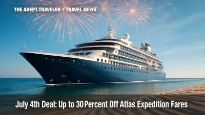 Expedition cruise ship cruising under festive fireworks during Atlas Ocean Voyages 4th of July sale