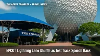 EPCOT Lightning Lane update featuring Test Track and Spaceship Earth backdrop.