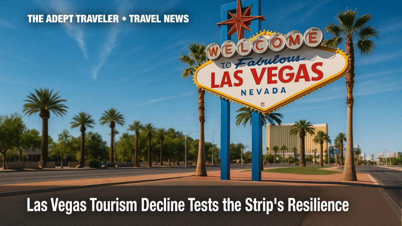 Las Vegas tourism decline illustrated by empty boulevard at the iconic Las Vegas sign.
