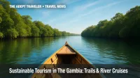 Low-angle view of a pirogue on the River Gambia highlighting sustainable tourism in The Gambia.