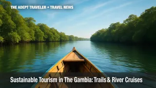 Low-angle view of a pirogue on the River Gambia highlighting sustainable tourism in The Gambia.