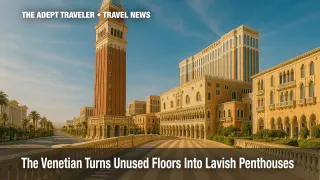 View of the Venetian Las Vegas penthouse tower and replica Campanile on the Strip.