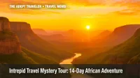 Sunrise above Southern African mountains on Intrepid Travel mystery tour.