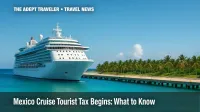 Cruise ship arriving at a Mexican port under clear skies with turquoise water, illustrating the new Mexico cruise tourist tax.