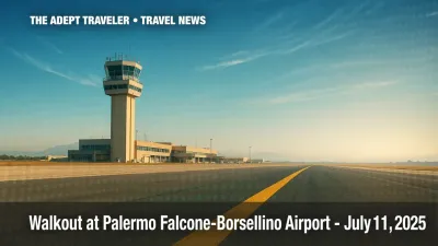 Palermo airport strike control tower and empty runway under clear blue sky