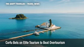 Aerial view of Mouse Island, symbol of Corfu luxury travel, framed by sparkling Ionian Sea.