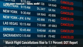 Departure board with several flights marked canceled illustrates rising U.S. flight cancellations.