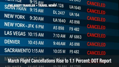 Departure board with several flights marked canceled illustrates rising U.S. flight cancellations.