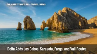Delta new routes illustrated by El Arco rock at Los Cabos in bright sunlight.