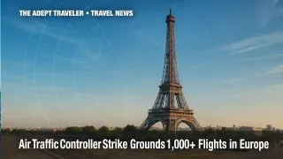 Eiffel Tower with airport tarmac foreground and radar overlay symbolizing French air traffic controller strike disruption
