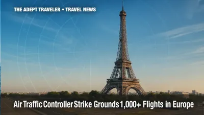 Eiffel Tower with airport tarmac foreground and radar overlay symbolizing French air traffic controller strike disruption