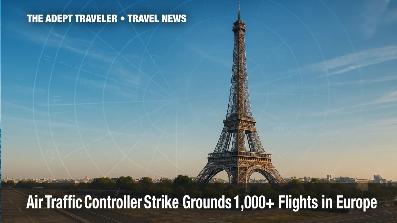 Eiffel Tower with airport tarmac foreground and radar overlay symbolizing French air traffic controller strike disruption