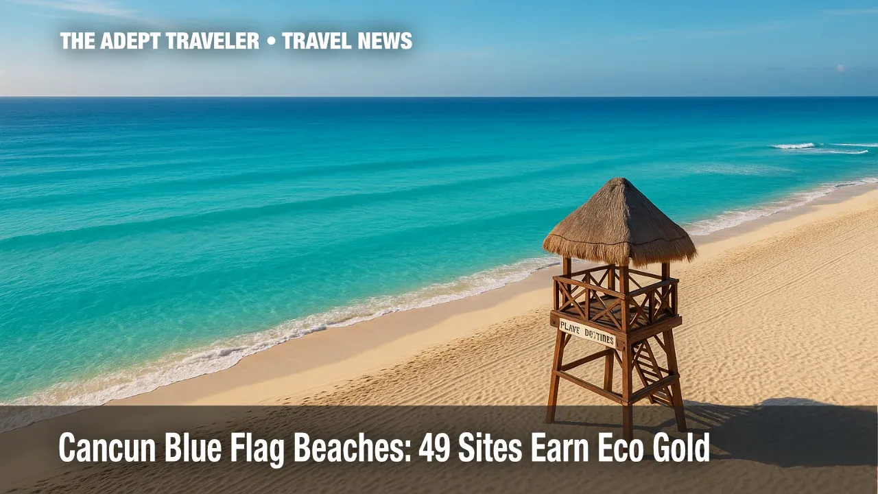 Aerial view of Cancun Blue Flag beach with lifeguard tower and turquoise water.