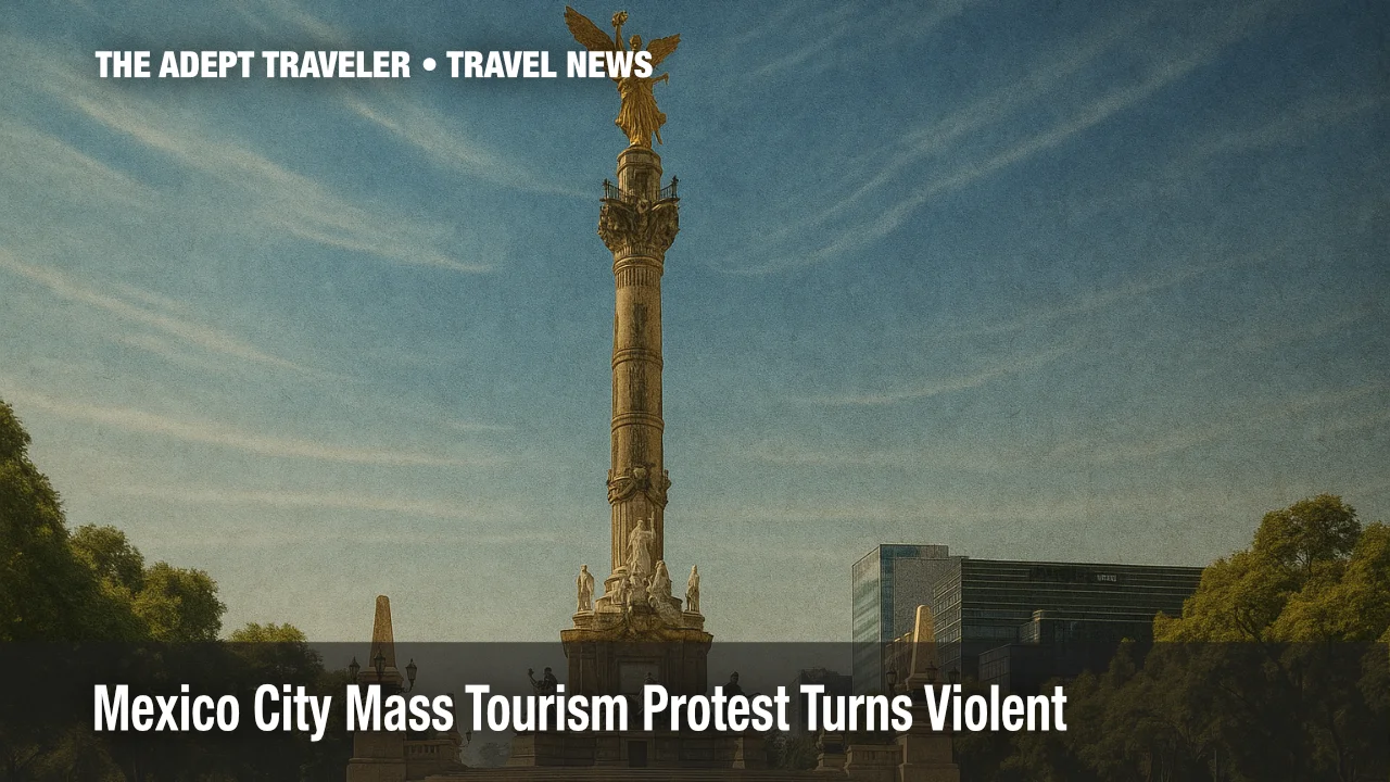 Angel of Independence under clear sky during Mexico City mass tourism protest
