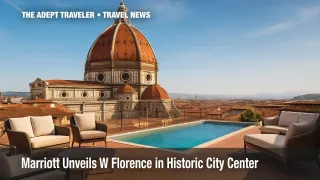 Rooftop view of W Florence facing the Duomo, luxury hotel setting.