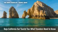Baja California Sur tourist tax illustrated by Land's End Arch at Cabo San Lucas, bright sky and turquoise water.