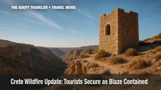 Historic watchtower near Ierapetra framed by clear sky highlights Crete wildfire safety measures.