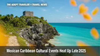 Tulum ruins overlooking turquoise Caribbean sea during Mexican Caribbean cultural events season.