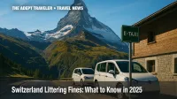 Matterhorn above a cobblestone lane with an electric taxi stand, illustrating Switzerland littering fines and eco transport rules.