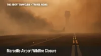 Wildfire smoke shrouds Marseille Provence Airport runway; obscured airplane and tower highlight severe flight delays.