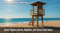 Lifeguard tower on smoke-free Spanish beach illustrating Spain tourist rules 2025.