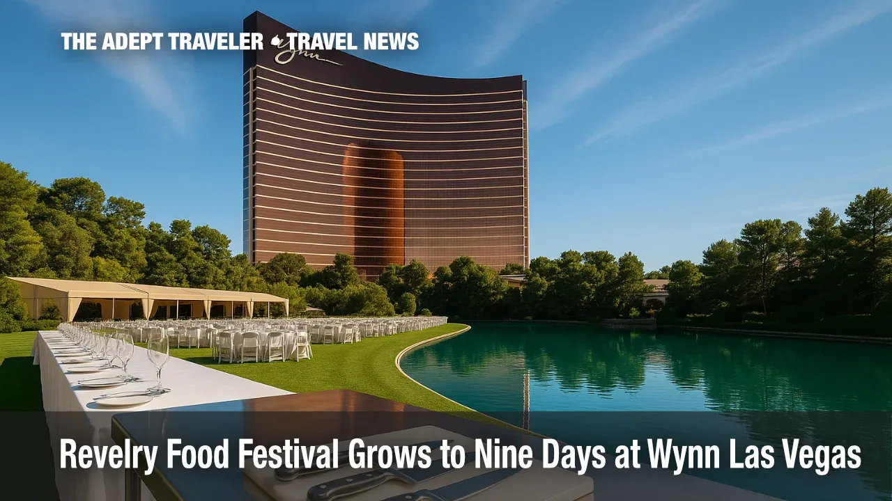 Wynn Las Vegas lawn set for Revelry food festival with resort tower in sunlit background.