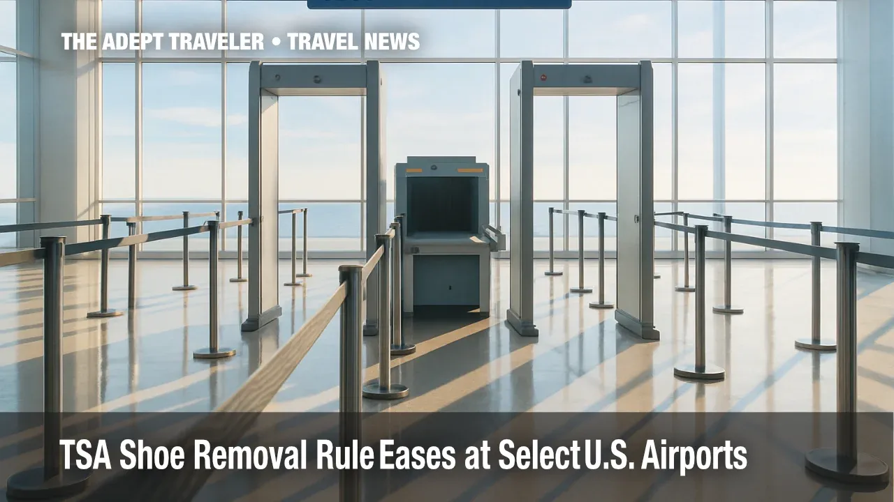 Sunlit TSA shoe removal pilot checkpoint with twin metal detectors, luggage scanner between, and ribboned queue lanes inside terminal.