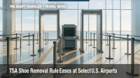 Sunlit TSA shoe removal pilot checkpoint with twin metal detectors, luggage scanner between, and ribboned queue lanes inside terminal.