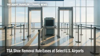 Sunlit TSA shoe removal pilot checkpoint with twin metal detectors, luggage scanner between, and ribboned queue lanes inside terminal.