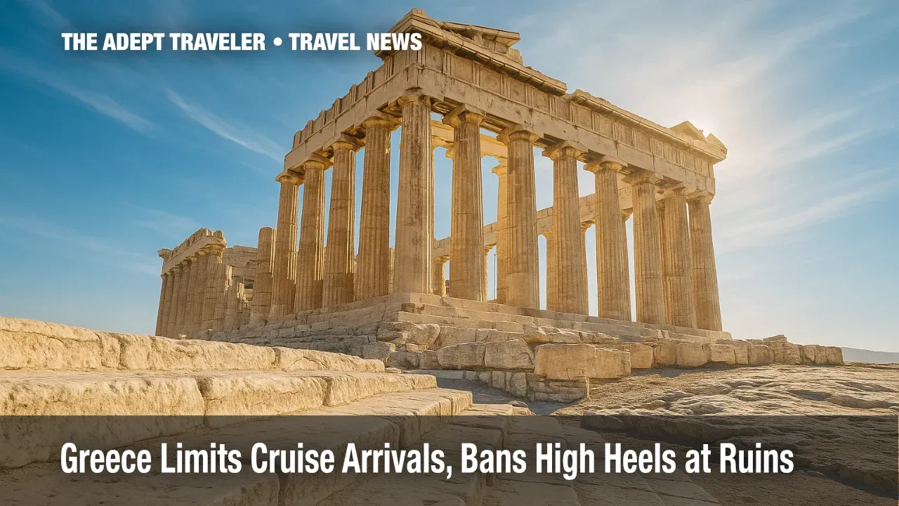 Low-angle Parthenon view illustrating Greece cruise caps and high-heel ban rules, bright clear weather.