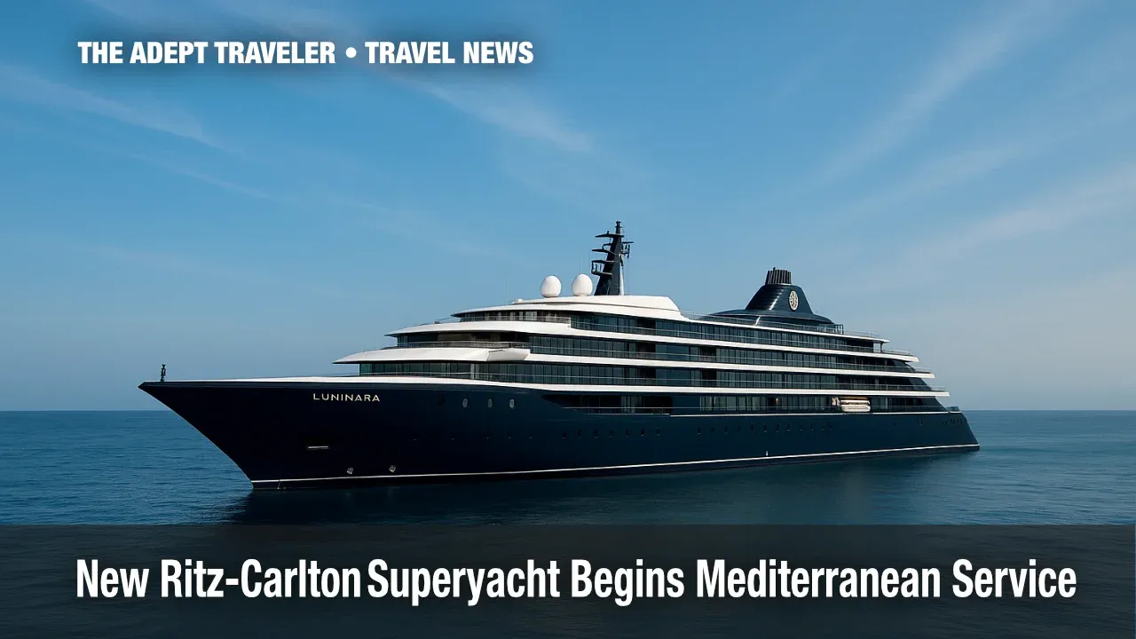 Ritz-Carlton Luminara luxury superyacht gliding through the Mediterranean on maiden voyage.