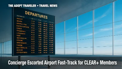 Sleek airport departure board illustrates CLEAR concierge service fast track for U.S. travelers.
