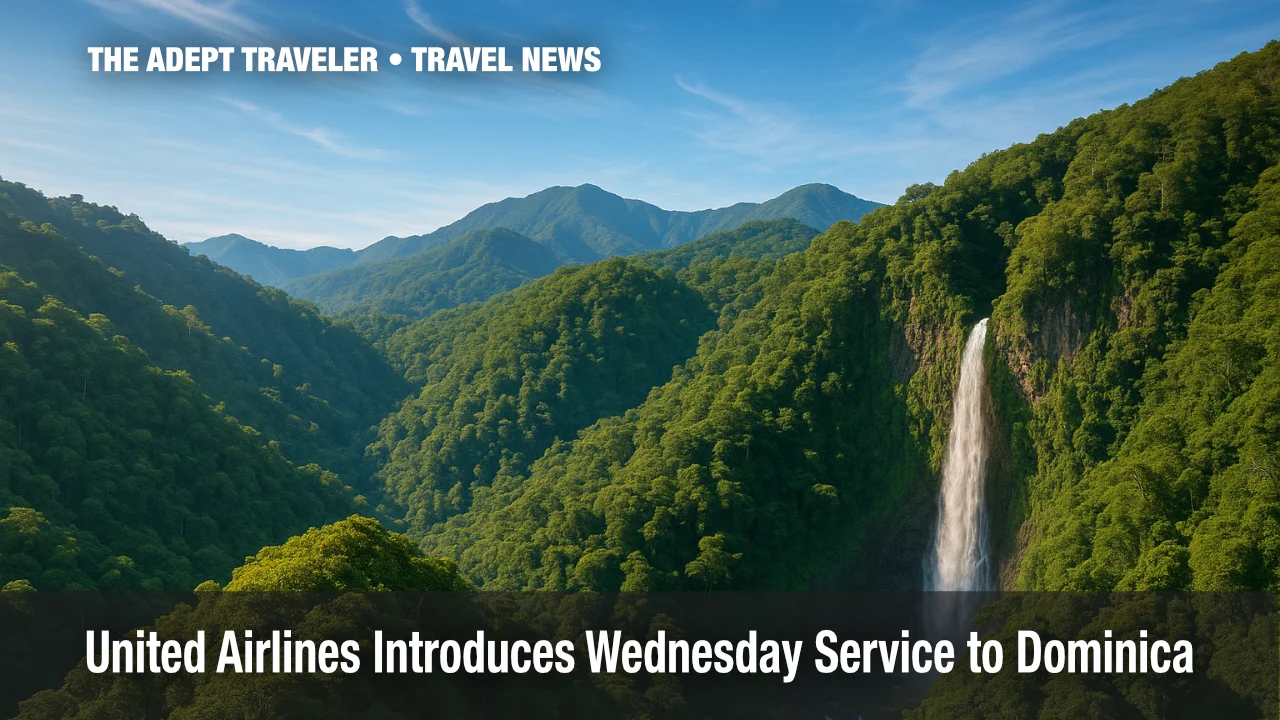 Rain-forested canyon and waterfall in Dominica under bright skies.