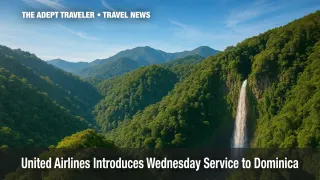 Rain-forested canyon and waterfall in Dominica under bright skies.