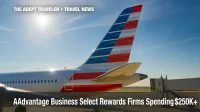 American Airlines tail at gate highlights new AAdvantage Business Select loyalty tier.
