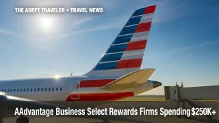 American Airlines tail at gate highlights new AAdvantage Business Select loyalty tier.