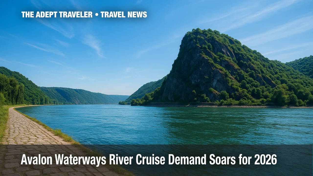 Avalon Waterways river cruise ship passing Lorelei Rock on the Rhine under clear blue sky.