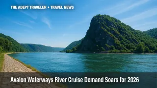 Avalon Waterways river cruise ship passing Lorelei Rock on the Rhine under clear blue sky.