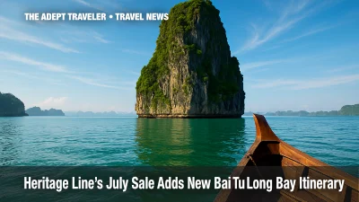 Limestone karst in Bai Tu Long Bay during a Southeast Asia river cruise.